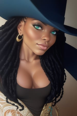 in the style of j. scott campbell, simplified and stylized portraits, close - up, dark cyan and light bronze, celebrity - portraits, bryan hitch, afro - caribbean influence, black African queen with dread locs illustration, in the style of bold and colorful compositions, dayak art, patrick brown, kind facial expression, symmetrical balance, highly detailed illustrations