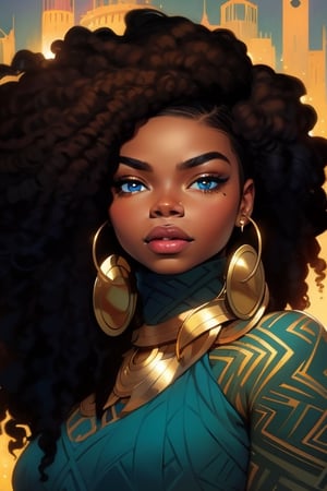 An african man, detailed and stylized portraits, close - up, dark cyan and light bronze, bryan hitch, afro - caribbean influence, black African king with long hair illustration, in the style of bold and colorful compositions, kind facial expression, symmetrical balance, highly detailed illustrations,blue eyes,ASU1