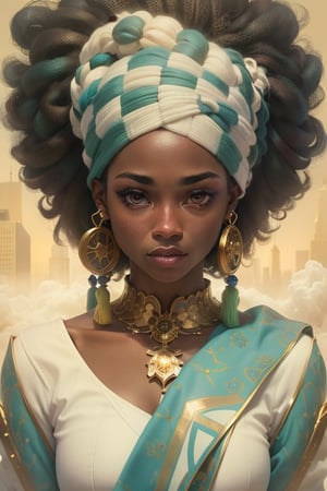 1 african american queen with a rhinestone crown, face forward, full-body_portrait, symmetrical face, perfect grey eyes, smoke, sparks, (female hair made of gold dreadlocks), (long dreadlock hair made of gold neon strands flowing down the body), smoky skin, realism, wearing a gold and silver royal gown, floating over the city, in an absurd manga context, ultra high resolution, 8k, HDr, art, high detail, art,outfit-km,purple dress,pelvic curtain,DonMC3l3st14l3xpl0r3rsXL,TinkerWaifu,black_cat,arcane style,firefliesfireflies