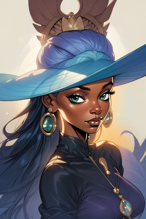 in the style of j. scott campbell, simplified and stylized portraits, close - up, dark cyan and light bronze, celebrity - portraits, bryan hitch, afro - caribbean influence, black African queen with dread locs illustration, in the style of bold and colorful compositions, dayak art, patrick brown, kind facial expression, symmetrical balance, highly detailed illustrations,YeMkAF