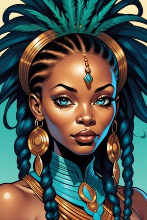 in the style of j. scott campbell, simplified and stylized portraits, close - up, dark cyan and light bronze, celebrity - portraits, bryan hitch, afro - caribbean influence, black African queen with dread locs illustration, in the style of bold and colorful compositions, dayak art, patrick brown, kind facial expression, symmetrical balance, highly detailed illustrations,YeMkAF