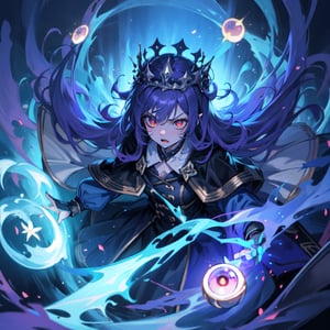 Highres, best quality, extremely detailed, card game art style, female evil ghost with a crown, 1girl, her mouth is closed, teeth slip, furious expression, anger, flashing eyes, demonic eyes, horror style, natural lighting, dramatic lighting, natural bold shadows, dark dynamic background, dynamic atrribute, HD, 8k, epic, clean, neat