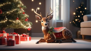 Cute deer in the cozy place, with gifts around it, cgi, octane render, 8k resolution ultra detailed, realistic photograph, ultra sharp, highly detailed, full body,more detail XL