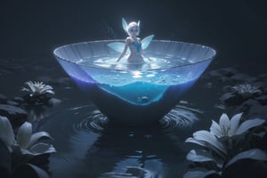 A Lily Fairy in the water of lake,close-up, HD, photorelistic,
hyper detail, deep focus, mysticism,  radiance,  glow, volumetric, perspective, bright starry shining night, contrast, gradient. fantasy art, cinema 4d, beautiful, colorful, intricate, eldritch, ethereal, vibrant, surrealism, vray, nvdia ray tracing, cryengine, magical, 8k, masterpiece, crystal, romanticism, Bioluminescens covering and luminous water.