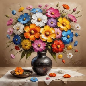 Palette knife oil painting , miscellaneous flowers, beautiful , ultra clear, beautiful , unreal engine 5 ,dark_skin,head,on parchment,japanese_language