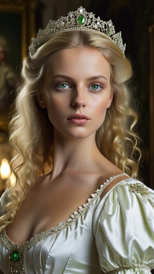 Photorealistic, masterpiece, hyper detailed photography of the face of a beautiful noble European lady in 18  Centry,  looking at camera, epic poster, blond hair, green eyes, white dresses,  luxuriously decorated interior, best quality, 8k UHD, 8k, ultra quality, highly detailed, closed mouth, warm lighting, soft lighting, closeup, smooth lighting, softbox,  professional photography,natural face, natural beauty, skinny, , front view ,The_Resurrectionist. ,more detail XL,Masterpiece
