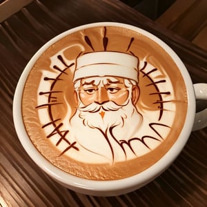  A semi transparent ornate coffee mug, beautiful, elegant, detailed, macro patterns, up close,  latte, LatteArt, latte art, food art, Santa Claus.,FFIXBG,Highly detailed, High Quality, Masterpiece, beautiful
