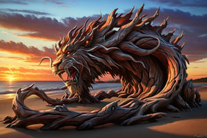 quite chaotic sculpture of drift wood pieces composing all together an overall shape similar to an indefinite lion (like dragon of Vaia), on the shore, at the sunset, photorealistic