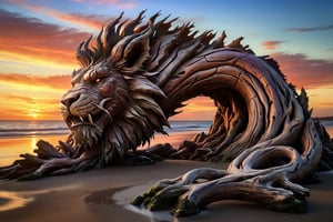 quite chaotic sculpture of drift wood pieces composing all together an overall shape similar to an indefinite lion (like dragon of Vaia), on the shore, at the sunset, photorealistic