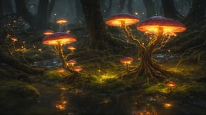 just amysterious tree with other small ones nearby,  twisted , magical world like a fiction, fireflies, moss, stream,EpicLand,  sharp image,  real, photo hd, warm environment, realistic,, magical forest  with luminous mushrooms, , 8k resolution concept art intricately detailed, complex, elegant, expansive, fantastical, fantasy.