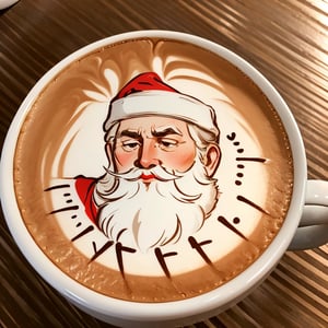 Highly detailed, High Quality, Masterpiece, beautiful, A semi transparent ornate coffee mug, beautiful, elegant, detailed, macro patterns, up close,  latte, LatteArt, latte art, food art, Santa Claus.