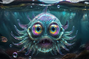 eye focus,tentacles,solo,Transparent glowing fish monster,looking at viewer,multicolored eyes,no humans,reflection,water,extra eyes,bubble,monster