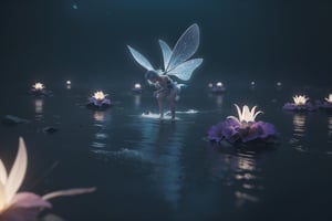 A Lily Fairy in the water of lake,close-up, HD, photorelistic,
hyper detail, deep focus, mysticism,  radiance,  glow, volumetric, perspective, bright starry shining night, contrast, gradient. fantasy art, cinema 4d, beautiful, colorful, intricate, eldritch, ethereal, vibrant, surrealism, vray, nvdia ray tracing, cryengine, magical, 8k, masterpiece, crystal, romanticism, Bioluminescens covering and luminous water.