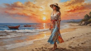 Palette knife oil painting , a Russian lady, beach sunset,  beautiful , ultra clear, beautiful , unreal engine 5 ,head,on parchment,japanese_language