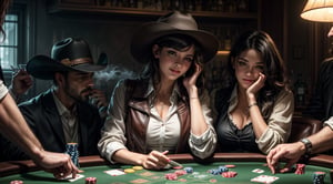 an old timey western saloon with a bar and a poker table, photo-realistic, ultra detailed, ultra-wide, volumetric lighting, cinematic, photorealistic, 16k HDR rendering, vfx, ultra realistic, 8k, cinematic lightning, hyper realistic  --q 5 --ar 16:9 --v 3, dancing saloon girls in background, 1 girl sitting on poker table with 4 gangsters, laying down her cards, all dirty and dusty, sand, dessert, she wears a brown leather vest, white blouse, open buttons, cowboy hat, small old fashioned sunglasses on the tip of her nose, in one hand a glass with whiskey, in the other hand cards,a royal flush, with winning smile, detailed face, detailed hands, detailed teeth, detailed nose, detailed green eyes, smoky atmosphere, smoke in air, cigares, dark setting, long heavy jackets