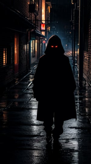 best quality, masterpiece, illustration, photorealistic, amazing, finely detail, masterpiece,best quality, huge filesize, ultra-detailed, highres, extremely detailed, highly detailed background, midnight, dark street alley, almost no light, rainy day, all wet, a terrifying shadow person stands in the middle, shadow drops on floor, dark clothes, looks painful, shiny glowing red eyes, looking to viewer, ,perfecteyes,	 SILHOUETTE LIGHT PARTICLES