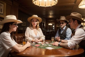 an old timey western saloon with a bar and a poker table, photo-realistic, ultra detailed, ultra-wide, volumetric lighting, cinematic, photorealistic, 16k HDR rendering, vfx, ultra realistic, 8k, cinematic lightning, hyper realistic  --q 5 --ar 16:9 --v 3, 1 girl sitting at the table with 4 gangsters, all dirty and dusty, sand, dessert, she wears a brown leather vest, white blouse, cowboy hat, old fashioned sunglasses, in one hand a glass with whiskey, in the other hand cards,a royal flush, with winning smile, detailed face, detailed hands, detailed teeth, detailed nose, detailed green eyes, full body, complete scene, smoky atmosphere, dark setting