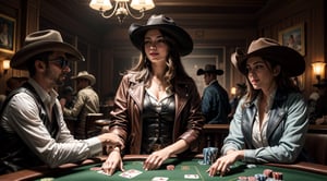 an old timey western saloon with a bar and a poker table, photo-realistic, ultra detailed, ultra-wide, volumetric lighting, cinematic, photorealistic, 16k HDR rendering, vfx, ultra realistic, 8k, cinematic lightning, hyper realistic  --q 5 --ar 16:9 --v 3, dancing saloon girls in background, 1 girl sitting on poker table with 4 gangsters, laying down her cards, all dirty and dusty, sand, dessert, she wears a brown leather vest, white blouse, open buttons, cowboy hat, small old fashioned sunglasses on the tip of her nose, in one hand a glass with whiskey, in the other hand cards,a royal flush, with winning smile, detailed face, detailed hands, detailed teeth, detailed nose, detailed green eyes, smoky atmosphere, smoke in air, cigares, dark setting, long heavy jackets