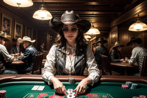 an old timey western saloon with a bar and a poker table, photo-realistic, ultra detailed, ultra-wide, volumetric lighting, cinematic, photorealistic, 16k HDR rendering, vfx, ultra realistic, 8k, cinematic lightning, hyper realistic  --q 5 --ar 16:9 --v 3, dancing saloon girls in background, 1 girl sitting on poker table with 4 gangsters, laying down her cards, all dirty and dusty, sand, dessert, she wears a brown leather vest, white blouse, open buttons, cowboy hat, small sunglasses on the tip of her nose, in one hand a glass with whiskey, in the other hand cards,a royal flush, with winning smile, detailed face, detailed hands, detailed teeth, detailed nose, detailed green eyes, smoky atmosphere, smoke, cigares, dark setting, long heavy jackets