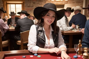 photorealistic, amazing, fine detail, masterpiece, best quality, huge file size, ultra detailed, high resolution, extremely detailed, highly detailed background, realistic, wide angle, old fashioned, wild west scene, cowboys all around, some saloon girls in the background, a piano player, saloon, poker table, 1 girl sitting at the table with 4 gangsters, she wears a leather vest, white blouse, cowboy hat, old fashioned sunglasses, in one hand a glass with whiskey, in the other hand a royal flush, with winning smile, detailed face, detailed hands, detailed teeth, detailed nose, detailed green eyes, full body, complete scene, smoky atmosphere