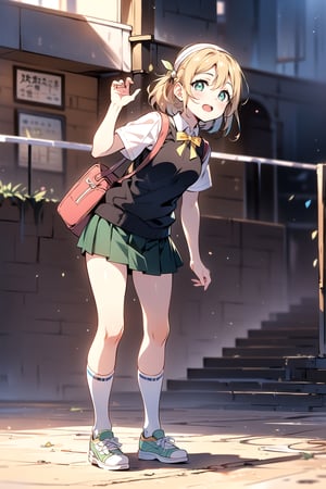 Masterpiece, stylized, anime style, beautiful details, perfect focus, uniform 8K wallpaper, high resolution, exquisite texture in every detail, shy, school_girl, school_uniform, love live!, love live! school idol project, love live! school idol festival, Short, spiky blonde hair, light blond hair, energetic , bright green eyes, volleyball uniform, headband comfy uniform, Genki Girl, cheerful, enthusiasm, loves sports, star player of the school's volleyball team, Knit cardigans and vests uniform japan, Socks, School bag,  full_body, shiny_hair, glistening_skin, shiny_skin, body blush, eye highlights, shiny eyes, ,onitsuka_natsumi_lovelivesuperstar, standing, correct_anatomy, facing_viewer, front-view, front, front_view, frontal_view, riko sakurauchi,Osaka Shizuku