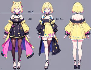 vtuber model, oc, original_character, adorned with stars, pastel pink theme, pastel yellow stars, short dress, fully clothed, accessories, jewelry, colorful, vivid colors, ultra hd, detailed body, full body, detailed hands, detailed face, detailed eyes, ,(character:1.2),eguchistyle,chara-sheet,