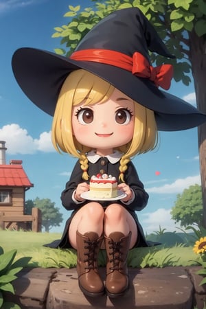 masterpiece, best quality,chibi, 1girl, tree, solo, outdoors, brown footwear, day, sky, sitting, cloud, witch hat, house, blonde hair, grass, smile, blue sky, black eyes, heart, building, window, bush, boots, bangs, long sleeves, rock, medium hair, shirt,Steve Irwin Chibi, witch, witch outfit, cake, 