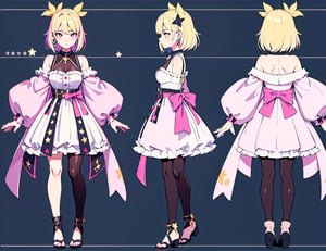 vtuber model, oc, original_character, adorned with stars, pastel pink theme, pastel yellow stars, short dress, fully clothed, accessories, jewelry, colorful, vivid colors, ultra hd, detailed body, full body, detailed hands, detailed face, detailed eyes, ,(character:1.2),eguchistyle,chara-sheet,
