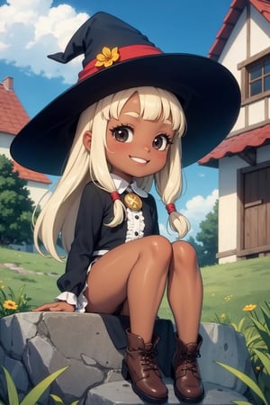 masterpiece, best quality,chibi, 1girl, tree, solo, outdoors, brown footwear, day, sky, sitting, cloud, witch hat, witch house, blonde white hair, grass, smile, blue sky, black eyes, heart, building, window, bush, boots, bangs, long sleeves, dark skin, tan skin, brown skin, rock, long curly hair, shirt,Steve Irwin Chibi, witch, witch outfit, cake, 