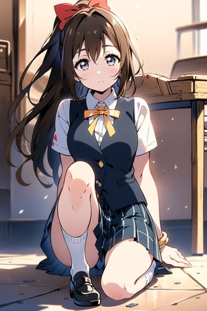 Masterpiece, stylized, anime style, beautiful details, perfect focus, uniform 8K wallpaper, high resolution, exquisite texture in every detail, shy, school_girl, school_uniform, love live!, love live! school idol project, love live! school idol festival, Medium-length dark brown hair with soft waves, loose ponytail, large, expressive brown eyes, melancholic expression, handmade bracelet, Knit cardigans and vests uniform japan, Socks, School bag,  full_body, shiny_hair, glistening_skin, shiny_skin, body blush, eye highlights, shiny eyes, 