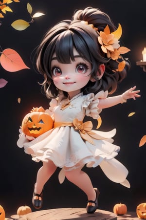 chibi, a cute harvest demon queen, smiling, dramatic floating pose, floating in the air, glowing dress, orange leaves floating around the dress, footwear patent leather flats, nighttime, glowing pumpkins, night harvest field, 8k, detailed, cinematic, dramatic lighting, warm colors, fantasy, digital art, hyper realistic, ethereal, elegant, dynamic, mystical, intricate details, full moon at background, xuer Luxury brand fashion, 
