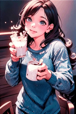 a girl wearing a pijama, drinking hot chocolate
