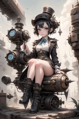 a cute girl ((disgusted look)), pumps, sitting on a steampunk flying machine, steampunk art style