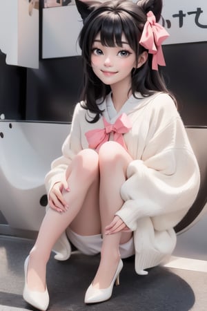 1girl smiling, black hair, hairbow, white round_toe Mary_janes pumps,