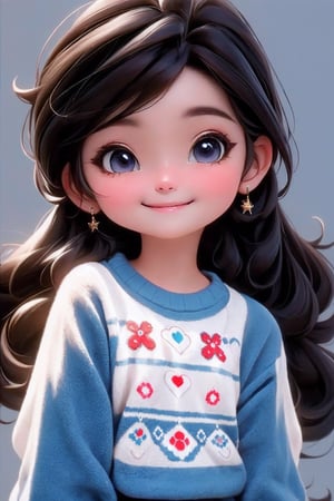 masterpiece, best quality, a cute chibi loli mexican girl smiling, ((brunette)), black hair, ((blue sweater)), white shirt, white hair accesory