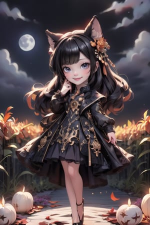 chibi, a cute harvest demon queen, smiling, dramatic floating pose, floating in the air, glowing dress, orange leaves floating around the dress, patent leather pumps, nighttime, glowing pumpkins, night harvest field, 8k, detailed, cinematic, dramatic lighting, warm colors, fantasy, digital art, hyper realistic, ethereal, elegant, dynamic, mystical, intricate details, full moon at background, xuer Luxury brand fashion, 
