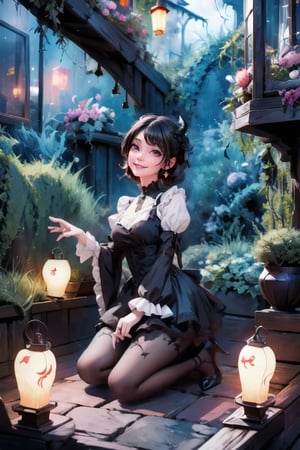 a demon_girl smiling, devilish dress, color (pumps), (nylons), kneeling, light creatures floating as lanterns, victorian greenhouse at night, nighttime, night scenery, creepy ambient, gothic art style, lanterns, starryscene