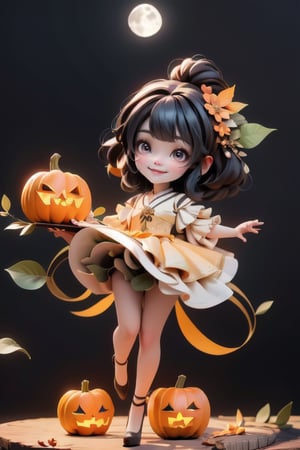 chibi, a cute harvest demon queen, smiling, dramatic floating pose, floating in the air, glowing dress, orange leaves floating around the dress, patent leather PLATFORM pumps, nighttime, glowing pumpkins, night harvest field, 8k, detailed, cinematic, dramatic lighting, warm colors, fantasy, digital art, hyper realistic, ethereal, elegant, dynamic, mystical, intricate details, full moon at background, xuer Luxury brand fashion, 
