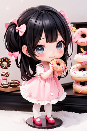 a delicate chibi girl eating a giant donut, black hair, donuts hair accesories, donuts theme dress, pumps, kawaii style, donuts land at background