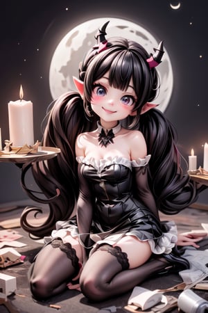 Draculaura_MH, a glamorous horned girl smiling, black hair, intrincate hairstyle, hair accesories, plasma horns, white wings, (((pumps))), lace cloth strapless shirt, looking to the moon, (abandoned castle) at night, candles and lanters, 