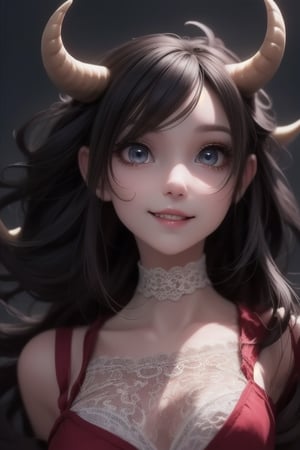 masterpiece, best quality, detailed face, detailed eyes, a (horned demon girl) smiling, wearing a lace cloth dress, black hair, red smokey eyes makeup, ((hair bow)), stockings, pumps, dramatic magic floating pose, (((full body))), 