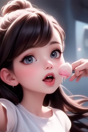 1cute girl, ice cream, tongue out, magnificent panorama view, glossy eyes, smokey eyes makeup, cinematic shot, vibrant colors, gorgeous colors, dynamic action pose.