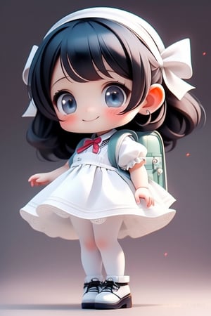 masterpiece, best quality, a cute chibi girl smiling, black hair, white pinafore dress, ((short)) puffy sleeves shirt, white hairbow, black Lolita shoes, school backpack, (((full body)))
