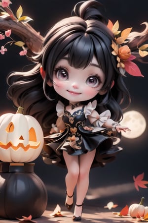 chibi, a cute harvest demon queen, smiling, dramatic floating pose, floating in the air, glowing dress, orange leaves floating around the dress, patent leather pumps, nighttime, glowing pumpkins, night harvest field, 8k, detailed, cinematic, dramatic lighting, warm colors, fantasy, digital art, hyper realistic, ethereal, elegant, dynamic, mystical, intricate details, full moon at background, xuer Luxury brand fashion, 
