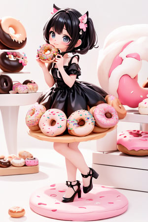 a delicate chibi girl eating a giant donut, black hair, hair accesories donuts, donuts theme dress, pumps, kawaii style, donuts land at background