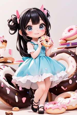 a delicate chibi girl eating a giant donut, black hair, donuts hair accesories, donuts theme dress, pumps, kawaii style, donuts land at background