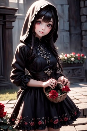  a goth girl, flower, solo, basket, little black dress, holding flower, hood, holding a red rose, looking at viewer, red eyes, blurry, dress, cosplay, bangs, blurry background, frills, depth of field, red rose