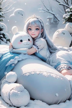 masterpiece, best quality, a girl smiling hugging a giant snow man, wearing a fantasy dress, white hair, magical dress, cute dress, loli in dress, lovely and cute, style of magical girl, white and pale blue toned, pale blue, soft cute colors, rococo dress, icey blue dress, pastel blue, romantic dress, dreamy style, rococo ruffles dress,  pumps, frozen garden, (falling_snow)