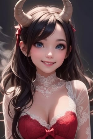 close up of a (horned demon girl) smiling, wearing a lace cloth dress, black hair, red smokey eyes makeup, (hair bow), stockings, dramatic magic floating pose, 