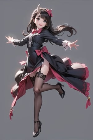 a (horned demon girl) smiling, wearing a lace cloth dress, black hair, red smokey eyes makeup, ((hair bow)), stockings, pumps, dramatic magic floating pose, (((full body))), 